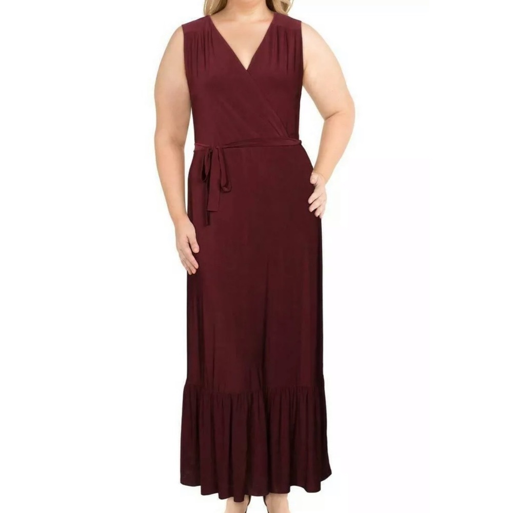 INC Sleeveless V Neck A-Line Maxi Dress Faux Wrap Stretch Jersey Port XL NEW